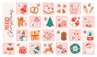 Cute Christmas advent calendar. Cozy festive december countdown with gifts and sweets. Perfect for Christmas cards, posters, wrapping paper, and seasonal design projects. Flat vector illustration