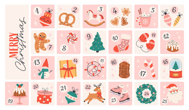 Cute Christmas advent calendar. Cozy festive december countdown with gifts and sweets. Perfect for Christmas cards, posters, wrapping paper, and seasonal design projects. Flat vector illustration