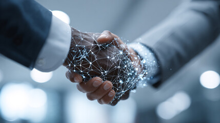 Business people shaking hands, creating digital network connection with technology