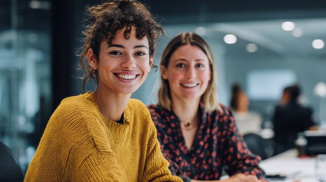two diverse female designers smiling while working together at a boardroom table during a meeting in a modern office no logos no brands ar 169