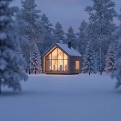 Cozy winter cabin with glowing Christmas tree in snowy forest at dusk