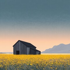 A Solitary Barn in a Golden Canola Field Under a Serene Gradient Sky.
