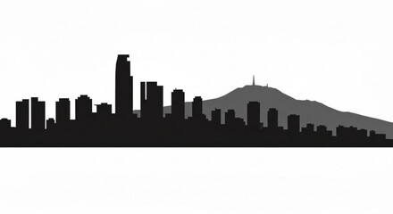 Fototapeta premium Silhouette of a city skyline with tall buildings and a mountain in the background on a white background created with generative ai