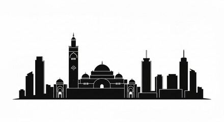 Fototapeta premium Black silhouette of a city skyline with mosque, tower and modern buildings against a white background created with generative ai