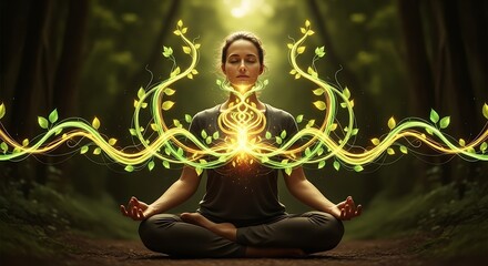 Find inner peace with mindful meditation in nature, experience the flow of positive energy and vibrant growth in a tranquil forest setting, wellness concept