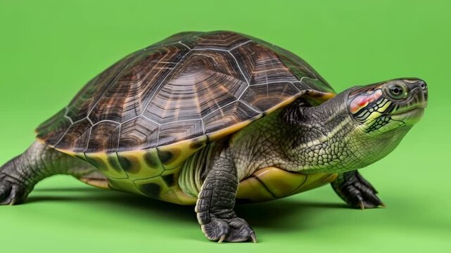 Red eared slider turtle isolated on a green screen, turning its head, chromakey footage