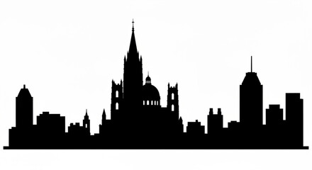 Silhouette of a cityscape with a prominent church and various buildings against a white background view created with generative ai
