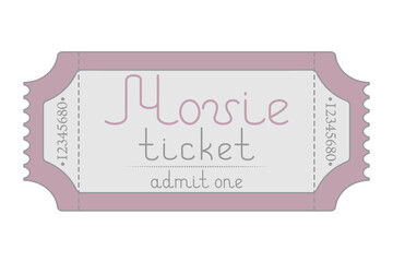 Movie. Pink ticket admit one. Handwritten lettering lowercase. Vector illustration. Flat style.