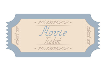 Blue movie ticket admit one. Handwritten cursive lettering with a capital letter. Illustration.