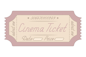 Cinema Pink ticket admit one Date and price are indicated Handwritten cursive lettering Illustration
