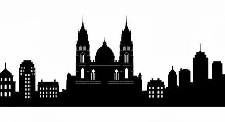 Obraz premium Black silhouette of a cityscape featuring a prominent cathedral and various buildings against a white background created with generative ai