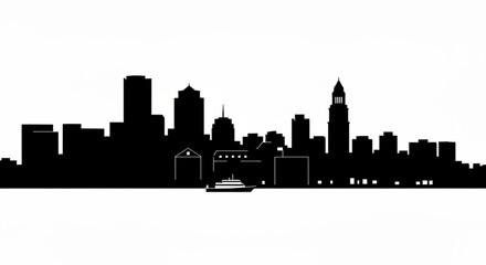 Obraz premium Silhouette of a city skyline with buildings and a boat on the water in black and white vector design created with generative ai