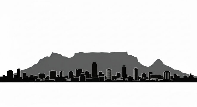 Silhouette of a city skyline with various buildings and a mountain range in the background in grayscale created with generative ai