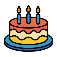 Colorful birthday cake with three lit candles on a blue plate