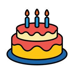 Simple cartoon two tier birthday cake with three candles and red frosting