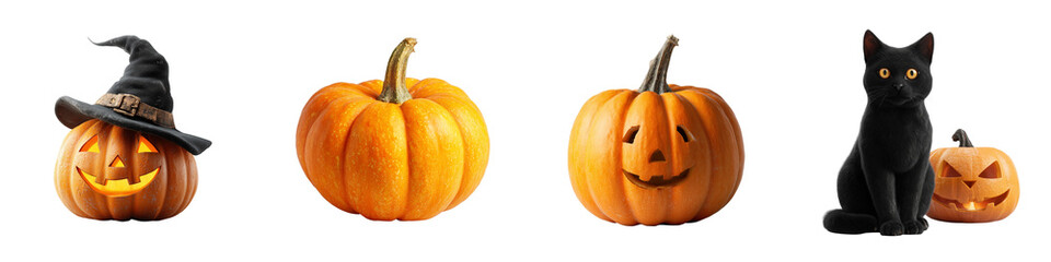 Set of carved pumpkins with black cat and witch hat transfer background