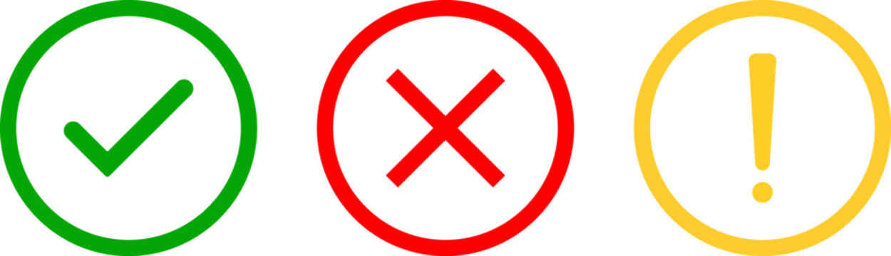 Green check mark red x and yellow exclamation mark icons
