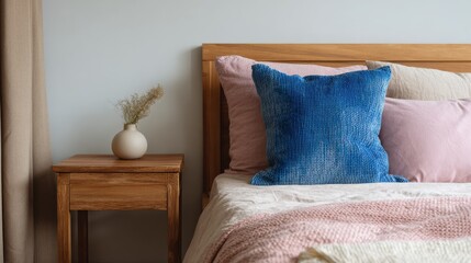 wooden bedside table and blue handmade pillow next to bed with pink overlay in stylish apartment with simple bedroom decor no logos no brands ar 169