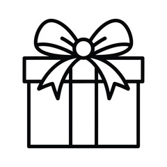 Simple black and white line art icon of a gift box with a bow