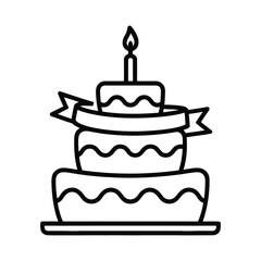 Simple line art illustration of a three tiered birthday cake with candle and ribbon