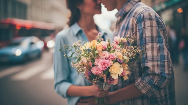summer holidays love relationship and dating concept  couple with bouquet of flowers in the city no logos no brands ar 169
