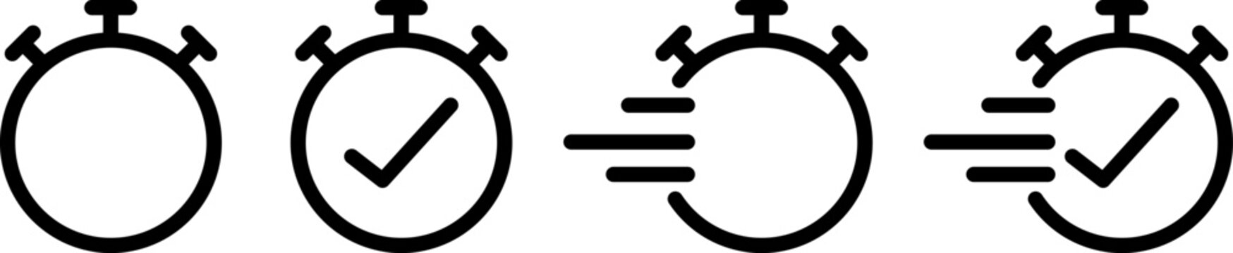 Four stopwatches showing zero and a checkmark in a sequence