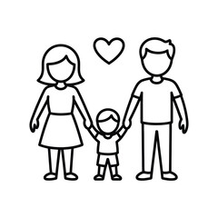 Simple line art icon of a happy family with a child and heart symbol