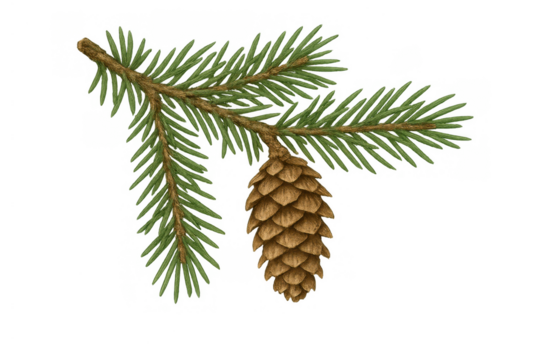 Pine branch with a single brown cone, evergreen coniferous tree botanical illustration, transparent background