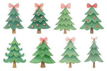 Fototapeta premium PNG Whimsical watercolor Christmas trees, element set on transparent background
