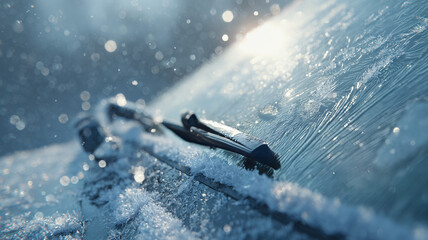Naklejka premium Extreme Closeup of Car Buried in Deep Snow and Ice, Heavy Blizzard Winter Weather Conditions.