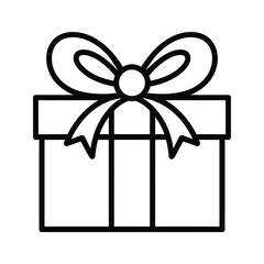 Simple black and white outline icon of a gift box with a bow