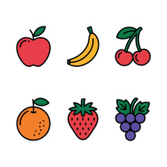 Collection of colorful cartoon fruits including apple banana cherries orange strawberry and grapes