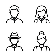 Set of four simple line art icons representing diverse people and avatars