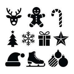 Collection of festive christmas holiday icons and symbols in silhouette style