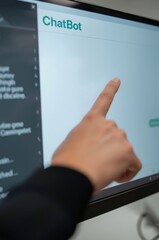 Closeup of a user interacting with a digital chatbot interface on a monitor
