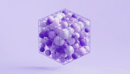 Geometric composition of spheres inside a transparent cube in soft purple tones