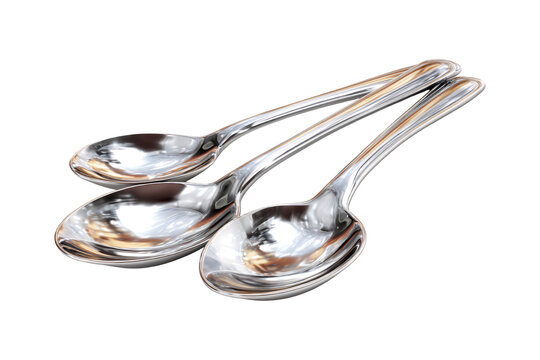 Polished stainless steel spoons arranged artistically reflecting light showing elegant design and fine craftsmanship close-up detail isolated on transparent background