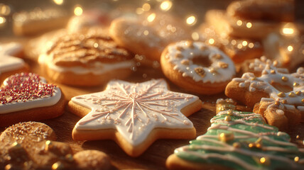 Fototapeta premium Assortment of Homemade Christmas Cookies and Donuts Decorated with Icing on Wood Table with Fairy Lights.