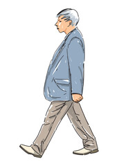 One elderly man in suit striding outdoors, profile view, realistic sketch, outline hand drawing, vector illustration