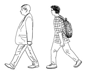 Two casual city men, pedestrians, young, elderly striding outdoors, profile view, realistic sketch, outline hand drawing, vector illustration