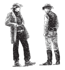 Two cowboys men in hats standing and conversation, realistic sketch, vector hand drawing