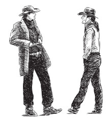 Two cowboys men in hats standing talking smiling, realistic sketch, vector hand drawing