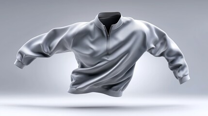 Sweater floating against a soft gray background in a studio setting