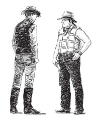 Two cowboys men in hats standing talking, realistic sketch, vector hand drawing