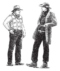 Two cowboys men in hats standing, conversation, realistic sketch, vector hand drawing