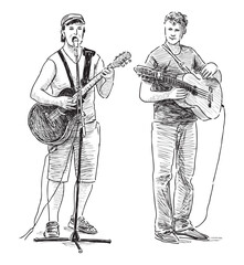 Two street musicians playing guitars outdoors, realistic sketch, vector hand drawing