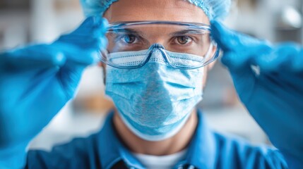 healthcare profession and medicine concept  doctor or male nurse in blue uniform face mask for protection from virus disease goggles and gloves over medical office at hospital on background no logos 