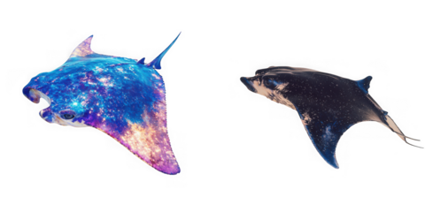 Two manta rays, one with a cosmic, starry pattern and the other a dark silhouette, isolated on transparent background