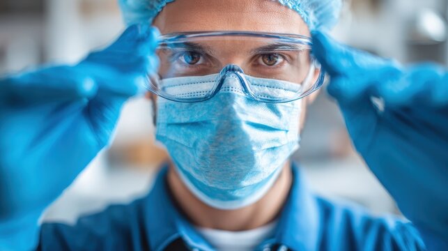 healthcare profession and medicine concept doctor or male nurse in blue uniform face mask for protection from virus disease goggles and gloves over medical office at hospital on background no logos - Powered by Adobe