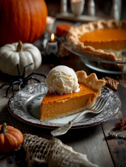 spooky Halloween pumpkin pie with ice cream and raspberry sauce